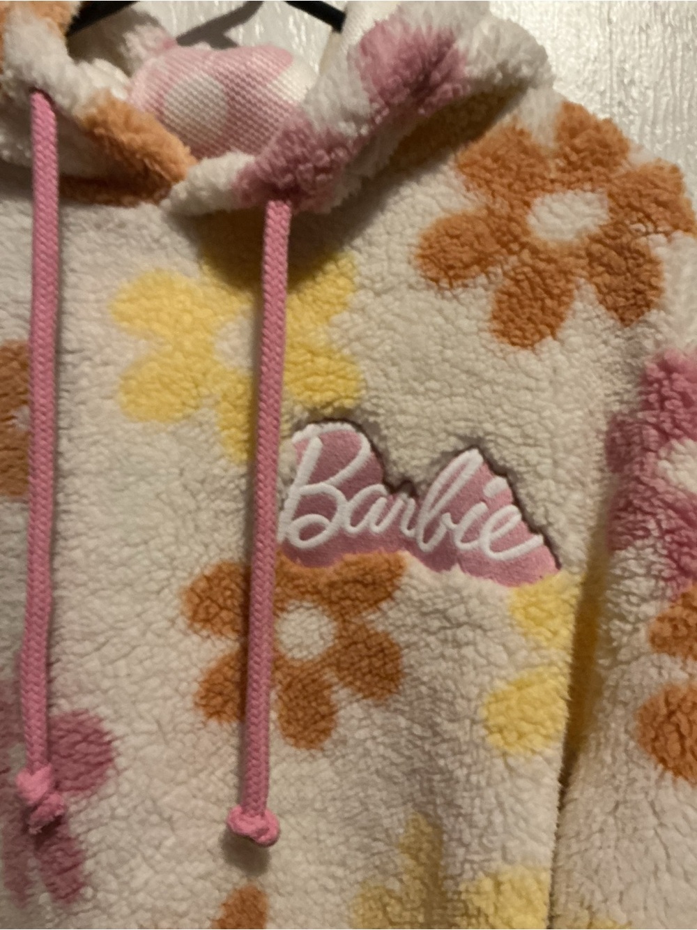 Grayson Threads Cream Sherpa Hoodie with Pink Drawstrings & Floral Print